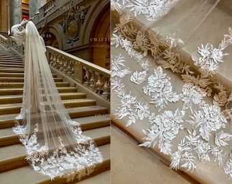 Wedding bridal veil, Cathedral Scallop floral veil, Wedding veil with floral lace, long bridal veil with lace appliqué and sequins