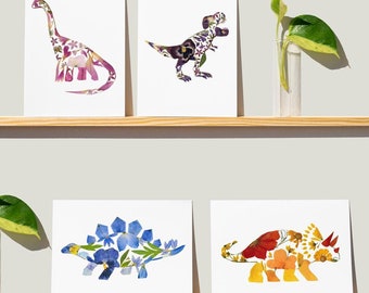 Dino Card, Dinosaur Cards, Girly Dinosaurs, Pink Purple Dinosaur, Blank Note Card Set, Dinosaur Gifts, Pressed Flower Art Printed Cards