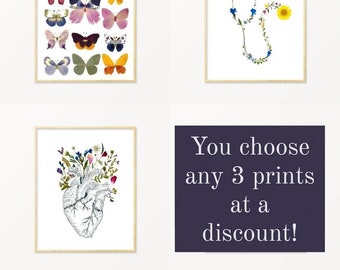 Gallery Wall Collection, Set of 3 Prints Botanical, Dinning Room Set, Floral Art Prints, Pressed Flower Art, Set of Three Nursery Prints