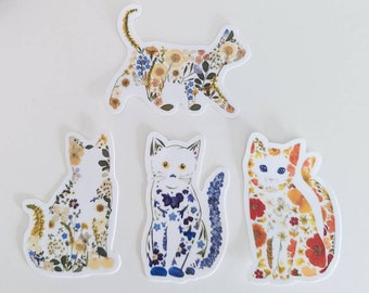Cute Cat Stickers, Cat Sticker Pack, Black Cat Sticker, Orange Cat Sticker, Pressed Flower Art Vinyl Waterproof Stickers