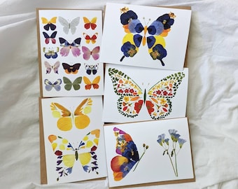 Pressed Flower Art Butterfly Greeting Cards Set, Botanical Floral Wildflower Card Set, Butterflies Gifts, Monarch Butterfly Cards