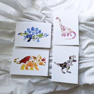 Dino Card Set, Dinosaur Cards, Girly Dinosaurs, Pink Purple Dinosaur, Blank Note Card Set, Dinosaur Gifts, Pressed Flower Art Printed Cards