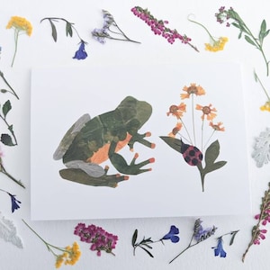 Frog Card, Pressed Flower Art Print Blank Greeting Card