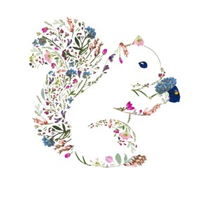 May include: A white squirrel silhouette created with pressed flowers and leaves. The squirrel is facing the right side of the image. The flowers are in shades of pink, blue, and green.