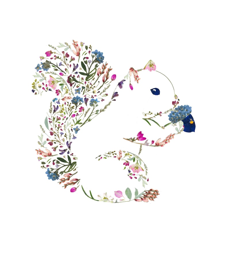 May include: A white squirrel silhouette created with pressed flowers and leaves. The squirrel is facing the right side of the image. The flowers are in shades of pink, blue, and green.