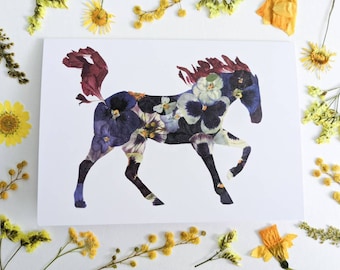 Pressed Flower Art Print Greeting Card, Blank Inside, Horse, Horses, Horse Lover, Gift for Plant Lover, Gift for Gardener, Birthday Card