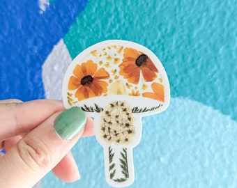 Yellow Mushroom Sticker | Mushroom Stickers | Cottagecore Sticker | Cool Stickers | Pressed Flower Art Vinyl Sticker