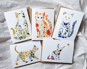 Cat Cards Set, Pressed Flower Cat Greeting Cards, Cute Cat Cards, Blank Assorted Note Cards, Cat Thank you card set, Cat Birthday Card