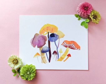 Pressed Flower Art Mushroom Print, Cottagecore Mushroom decor, Mushroom Wall Art, Mushroomcore