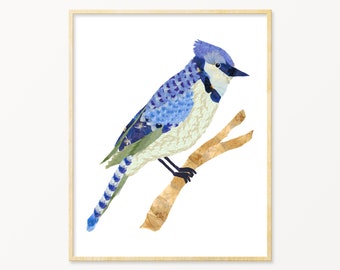 Pressed Flower Blue Jay Art Print, Blue bird gifts, birdwatching gift