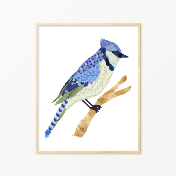 Pressed Flower Blue Jay Art Print, Blue bird gifts, birdwatching gift