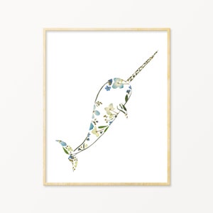 Pressed Flower Art Narwhal Print,  Narwhal Nursery Decor, Narwhals Gifts