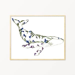 Pressed Flower Humpback Whale Art Print, Blue Whale Gifts, Whale Theme Nursery image 1