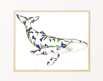 Pressed Flower Humpback Whale Art Print, Blue Whale Gifts, Whale Theme Nursery