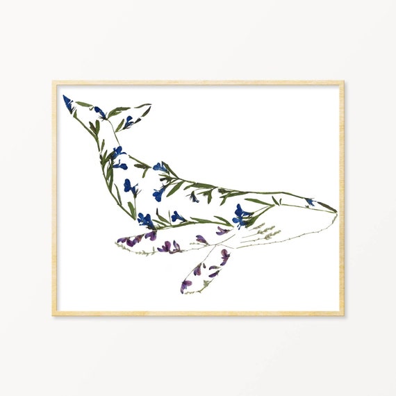 Pressed Flower Humpback Whale Art Print, Blue Whale Gifts, Whale Theme Nursery