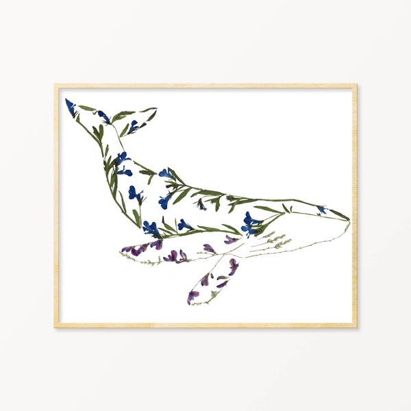 Pressed Flower Humpback Whale Art Print, Blue Whale Gifts, Whale Theme Nursery