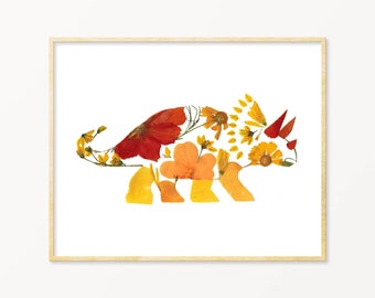 Orange and Yellow Dinosaur Wall Art | Dinosaur Nursery Print | Pressed Flower Art | Triceratops