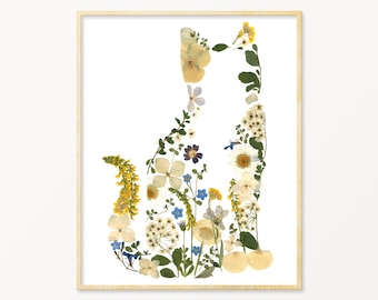 Pressed Flower Cat Print Wall Art, Cute Cat Gifts, Cat Nursery Art Print, Cat Gift for Cat Lovers ("Primrose")