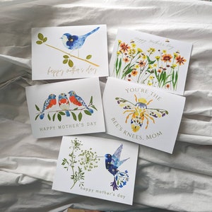 Mothers Day Card Set of 5, Hummingbird Card, Bird Cards, Bee Cards, Mothers Day Gifts, Pressed Flower Art Printed Greeting Cards
