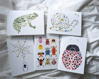 Gardener Gift Blank Note Card Set, Frog Card, Snail Card, Ladybug Gifts, Spider Gift, Pressed flower art printed greeting cards