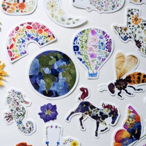 Pu&ograve; includere: Una collezione di adesivi di fiori colorati con vari disegni, tra cui un arcobaleno, una mongolfiera, un'ape, un cavallo, una farfalla, un cavalluccio marino, un riccio, una volpe, una luna, un albero e un globo. Gli adesivi sono realizzati con fiori pressati e sono perfetti per aggiungere un tocco di natura ai tuoi lavoretti e progetti.