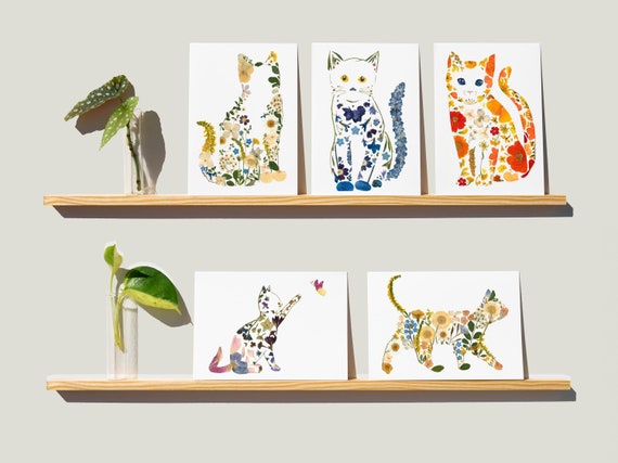 Cat Cards, Pressed Flower Cat Greeting Cards, Cute Cat Cards, Blank Assorted Note Cards, Cat Thank you card, Cat Birthday Card