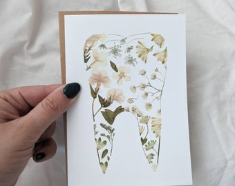 Tooth Greeting Card, Dentist Gift,  Dental Hygiene Gifts, Dental Office Gifts, Tooth Fairy Letter, Pressed Flower Art Print Cards