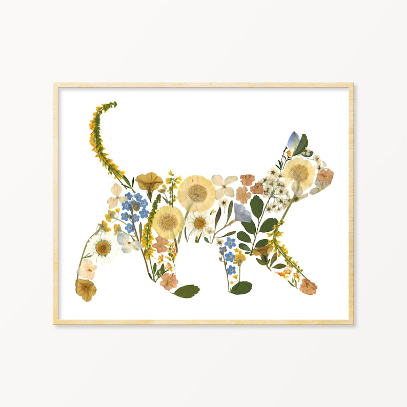 Pode incluir: Uma silhueta branca de um gato feita de flores prensadas. As flores s&atilde;o em tons de amarelo, azul e branco.