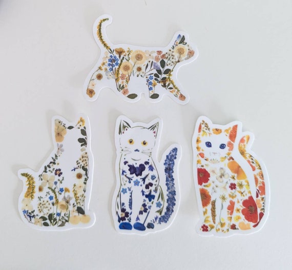 Cute Cat Stickers, Cat Sticker Pack, Black Cat Sticker, Orange Cat Sticker, Pressed Flower Art Vinyl Waterproof Stickers