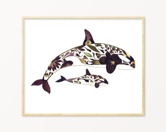 Orca Pressed Flower Art Print | Killer Whales | Coastal Decor | Pressed Flower Art | Beach House Sign | Beach Decor | Bathroom Art |