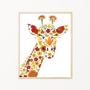 Pressed Flower Art Giraffe Print, Giraffe Gift,  Giraffe Nursery Decor, Orange Boho Wall Art