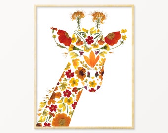 Pressed Flower Art Giraffe Print, Giraffe Gift,  Giraffe Nursery Decor, Orange Boho Wall Art