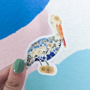 Pelican Sticker, Louisiana Gifts, Bird Stickers, Pressed Flower Art Waterproof Vinyl Stickers