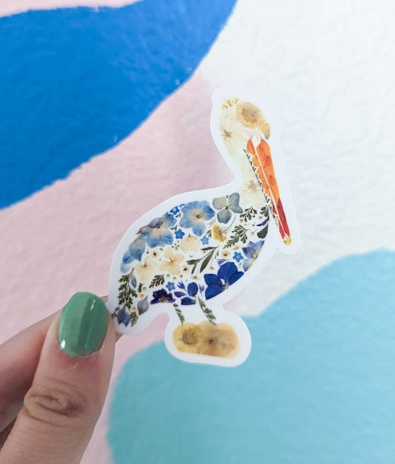Pelican Sticker, Louisiana Gifts, Bird Stickers, Pressed Flower Art Waterproof Vinyl Stickers