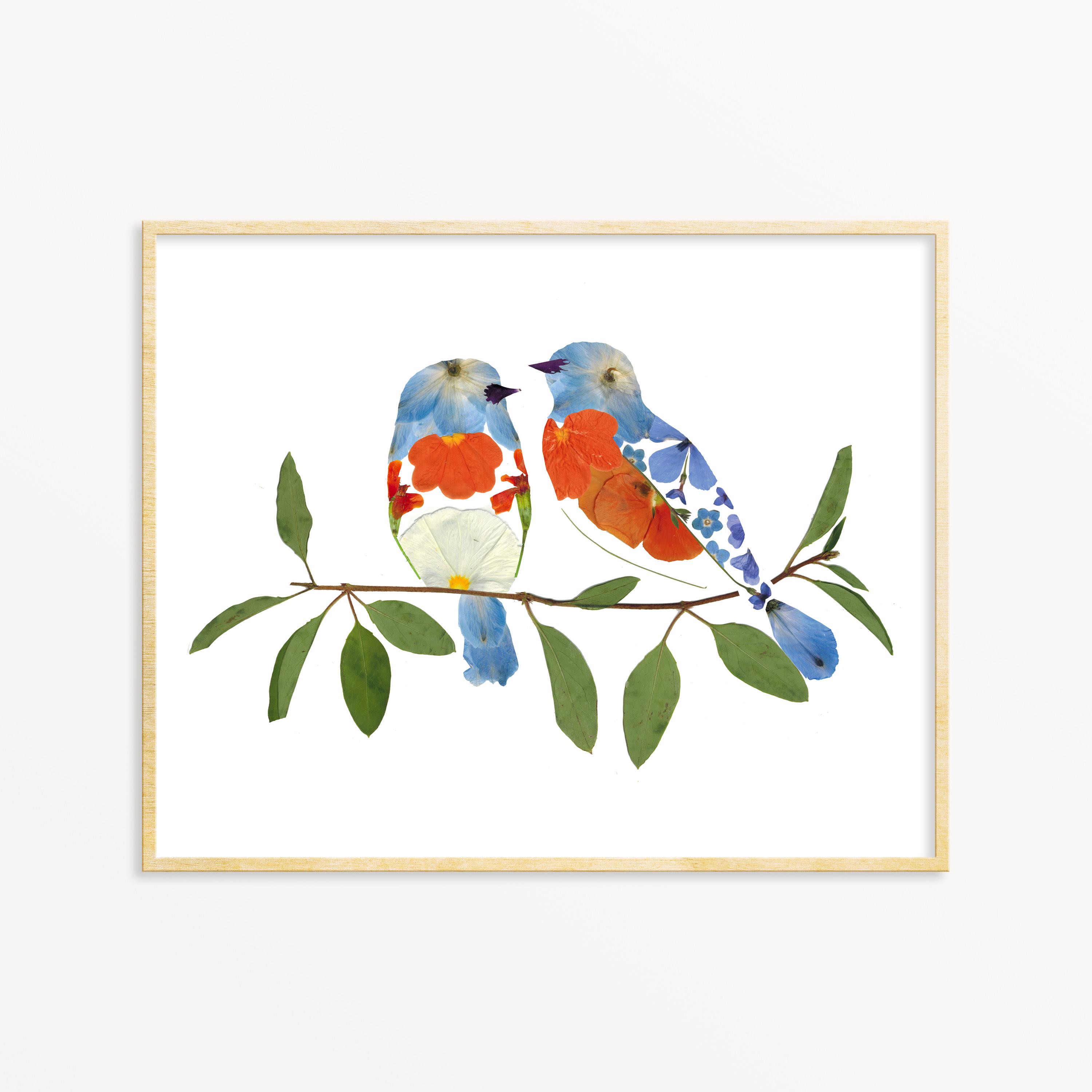 Blue Bird Pressed Flower Art Print, Bird Nerd, Bird Watching Gift