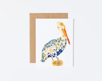 Pelican Greeting Card, Louisiana State Bird, Pressed Flower Art Print Card