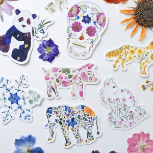 Puede incluir: Un conjunto de pegatinas de flores coloridas con un panda, una calavera, un cerdo, un zorro, un elefante y un gato. Las pegatinas est&aacute;n hechas de flores prensadas y son perfectas para agregar un toque de naturaleza a tus manualidades.