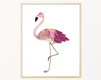 Pressed Flower Flamingo Print, Flamingos Gifts, Pink Nursery Wall Art, Flamingo Decor, Pink Botanical Prints