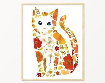 Cat Lover Gift, Orange Tabby Cat Art Print, Crazy Cat Lady Gift, Pressed Flower Art, Wall Art, Home Decor, Cat Print ("Peaches")