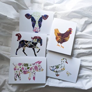 Farm Animal Blank Note Cards, Horse Card, Pig Card, Chicken Card, Duck Card, Cow Card, Pressed Flower Art Printed Greeting Cards