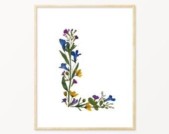 8 by 10 in, Giclée PRINT - Pressed Flower Letter L, Initial L art, L name art, pressed flowers, botanical art, floral art, nursery