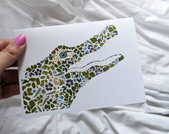Tarjeta de cocodrilo, regalos de cocodrilo, tarjetas con impresiones artísticas de flores prensadas