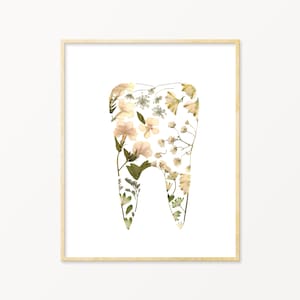 Tooth Art Print, Pressed Flower Art Print,  Dental Assistant Gifts, Dental Wall Art, Dentist Gift, Teeth Wall Decor, Dental Hygienist gift