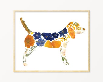 Pressed Flower Art Beagle Print, Beagle Gifts, Dog Mom Gift, Beagle Wall Art