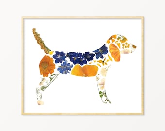 Pressed Flower Art Beagle Print, Beagle Gifts, Dog Mom Gift, Beagle Wall Art