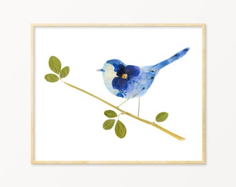 Blue Fairy Wren Bird Print, Pressed Flower Art Print, Blue Botanical Print, Bluebird Art, Bird Lover Gift, Birdwatching Gifts
