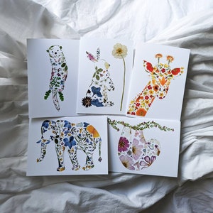 Cute Animal Cards, Blank Note Cards, Elephant Card, Giraffe Card, Bunny Card, Sloth Card, Otter Card, Pressed Flower Art Printed Card Set