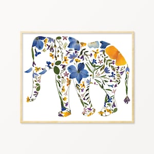 Pressed Flower Elephant Art Print, Elephant Baby Shower Gift, Elephant Gifts for Her