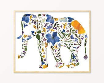 Pressed Flower Elephant Art Print, Elephant Baby Shower Gift, Elephant Gifts for Her