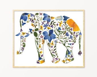 Pressed Flower Elephant Art Print, Elephant Baby Shower Gift, Elephant Gifts for Her